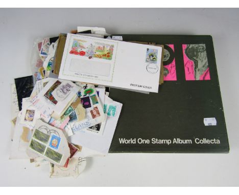 A Collecta World One stamp album in slip cover containing a small accumulation of QEII and world postal stamps, together with
