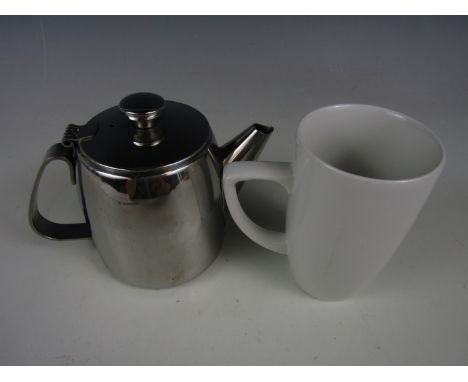 A large quantity of stainless steel small tea and coffee pots together with a large quantity of Churchill white ceramic mugs