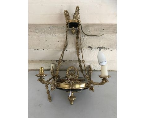 A quality reproduction four branch brass pendant ceiling light, 67 cm