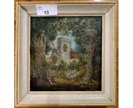British School, circa 19th century, follower of John Constable, Rural landscape with a church through the tree openings, unsi