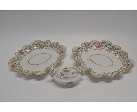 A pair of 19th Century Derby dishes both with a floral and gilt design together with a Royal Crown Derby sucrier and cover wi