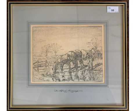 After Sir Alfred Munnings (1878-1959), Heavy Horses at a wateringhole, etching, bears initials 'AJM' to plate, 24.5x20cm, fra