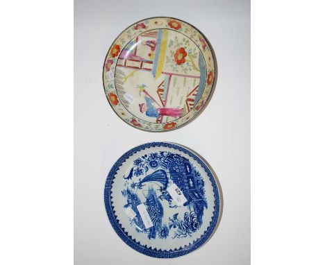 A Worcester porcelain fisherman pattern dish together with a further polychrome example