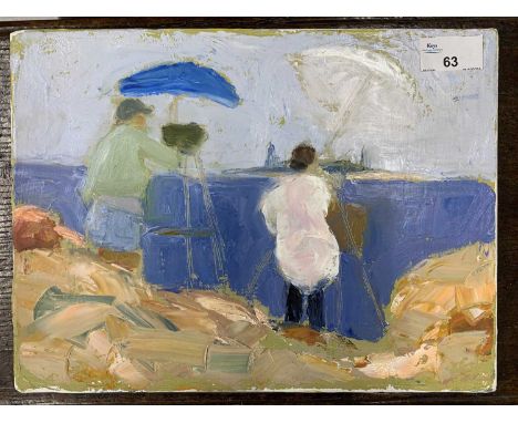 Contemporary Post Impressionist, A study of of two artists at work with easels on a coastline, oil on canvas, unsigned, 30.5x