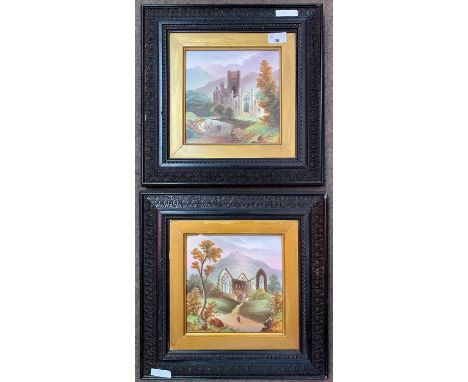 British School, circa 20th century, "Tintern Abbey and "Melrose Abbey", acrylic / gouache on ceramic tiles, framed, unglazed 