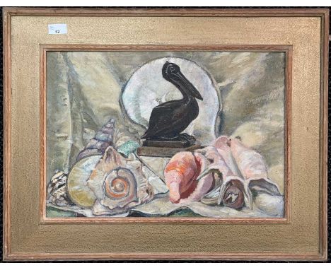Alice Simpson (British, 20th century), Still life study of shells and a central pelican statue, oil on canvas, Brighton Fine 