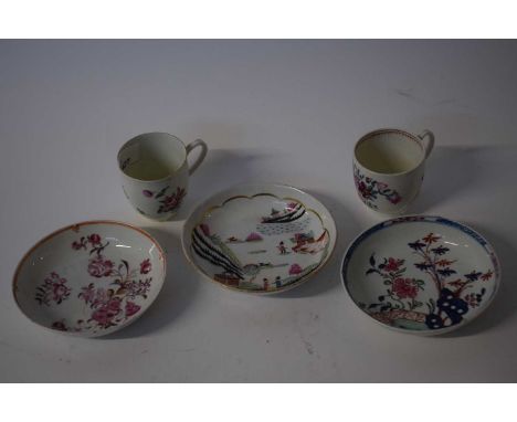 Two 18th Century Worcester porcelain coffee cups together with three saucers, various designs including a Lowestoft Redgrave 