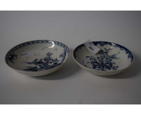 Two English porcelain saucers including a Lowestoft blue and white example, circa 1770 and a further Worcester example