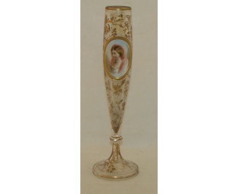 A Bohemian tulip shape glass Vase with an oval portrait panel surrounded by gilt leaf decoration and on a dished circular foo