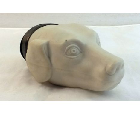 A Victorian Parian ware Snuff Box in the form of a hound's head and with pewter mounts.