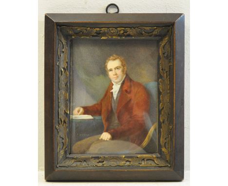 Circle to HENRY PIERCE BONE (1779-1855); miniature Portrait of Sir Francis Horner seated at a table with an open book, enamel