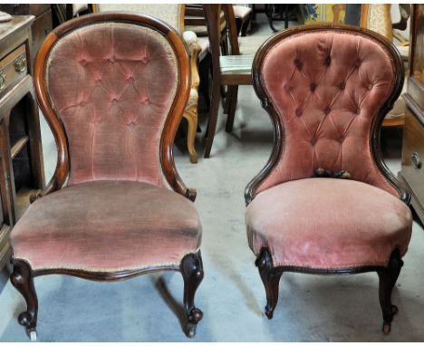 A Victorian mahogany spoon back Drawing Room Chair with show wood frame, button upholstered seat and back on cabriole support