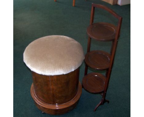 A Victorian walnut cylinder Commode with lifting top, and a mahogany three tier folding Cake Stand.