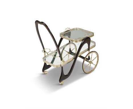 CESARE LACCAA two tier glass topped drinks trolley by Cesare Lacca, with removable tray and brass detailing, on four wheels, 