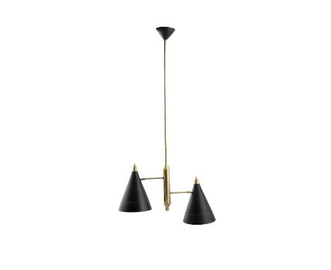 CEILING LIGHT A brass ceiling light, with two enamelled shades. 90cm(h)