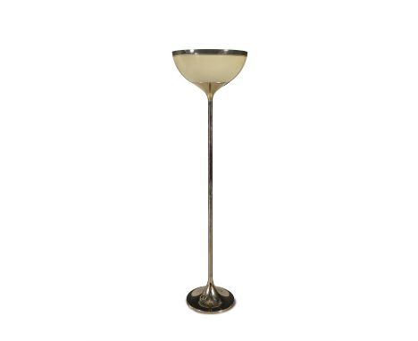 GUZZINI A brass standard lamp by Guzzini, with a perspex shade, Italy c.1970, with maker's label. 168cm(h)