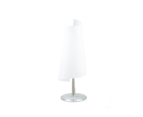 MAZZEGA A Mazzega table lamp, with a cone shaped opaque glass shade, chrome stem on a clear glass base, Italy c.1980, with ma