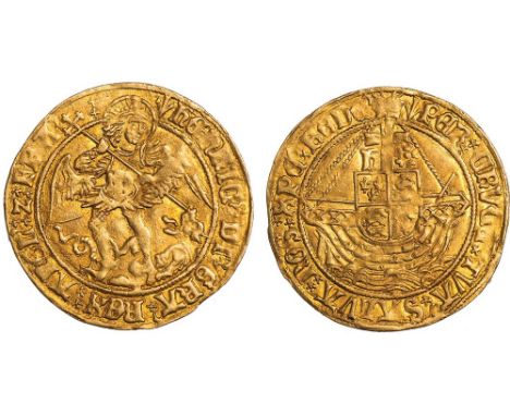Henry VII, angel, type V, mm. pheon (1505-1509), St. Michael spearing dragon, rev. ship with cross as mast, h and rose by mas