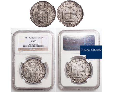 † - Portugal, Pedro II, 400 reis, 1687, crowned shield of arms, rev. cross with rosettes in angles (KM.145.2), very light pat