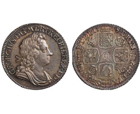 † - George I, shilling, 1718, roses and plumes, first laur. bust r., rev. crowned cruciform shields, roses and plumes in angl