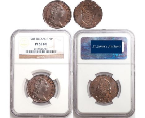 † - Ireland, George III, proof halfpenny, 1781, authenticated and graded by NGC as Proof 66 Brown, laur. bust r., with long h