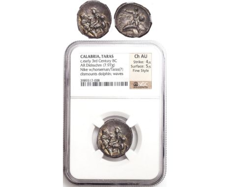 † - Calabria, Taras (302-331 BC), AR didrachm, authenticated and graded by NGC as Choice About Uncirculated - Strike 4/5, Sur