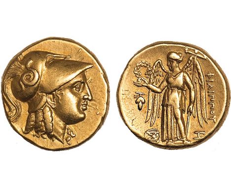 Macedonian Kingdom, Philip III Arrhidaeus (323-317 BC), gold stater, helmeted hd. of Athena r., in crested Corinthian helmet 