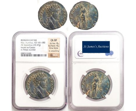 † - Marcus Aurelius, as Caesar (AD 139-161), sestertius, authenticated and graded by NGC as Choice Extremely Fine - Strike 4/