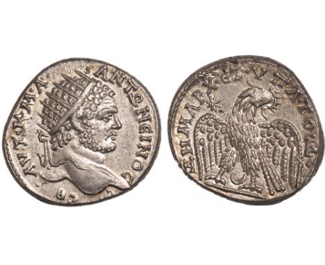 Caracalla (AD 198 – 217), tetradrachm, Carrhae, AVT K M A ANTΩNEINOC eB, rad. bust r., rev. ΔHMAPX EΞ VΠATO Δ, eagle stg. fac