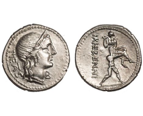 † - M. Herennius, denarius (108-107 BC), PIETAS, hd. of Piety r., B under chin, rev. M HERENNI, Amphinomus carrying his fathe