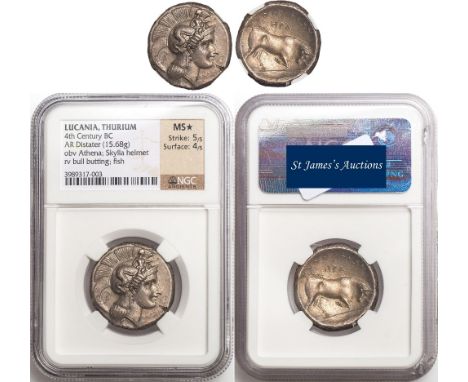 † - Lucania, Thourioi (4th century BC), AR tetradrachm, authenticated and graded by NGC as Mint State *, Strike 5/5, Surface 