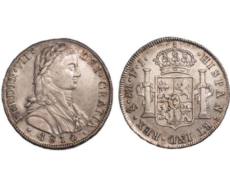 † - Chile, Ferdinand VII, 8 reales, 1810FJ, Santiago, laur. bust r., rev. crowned shield of arms between pillars (KM.75), lig