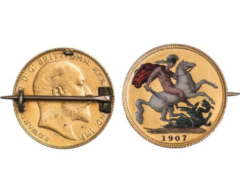 Edward VII, sovereign, 1907, the St. George reverse enamelled in six colours, suspension ring and brooch mounted on obverse, 