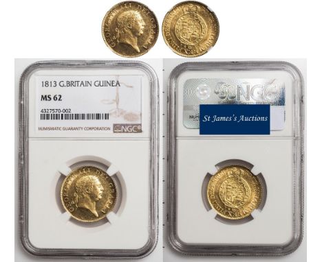 George III, guinea, 1813, authenticated and graded by NGC as Mint State 62, sixth laur. head r., rev. crowned shield of arms 