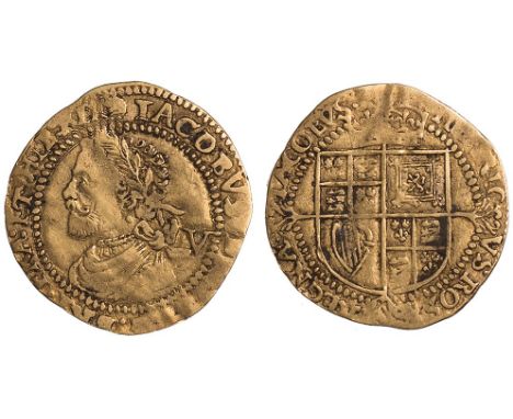 James I, third coinage, quarter laurel, mm. spur rowel (1619-1620), second laur. bust l., mark of value behind, rev. long cro