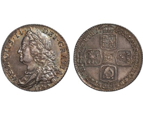 † - George II, shilling, 1745, LIMA, old laur. and dr. bust l., LIMA below, rev. crowned cruciform shields (S.3703; ESC.1205)