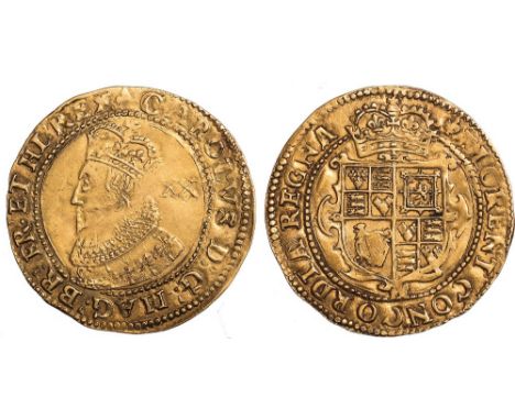 Charles I (1625-1649), unite, Tower mint, mm. lis, crowned first bust l., wearing ruff and collar, mark of value behind, rev.