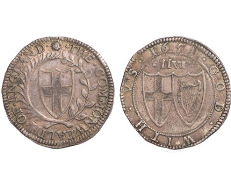 † - Commonwealth, halfcrown, mm. sun, 1651, English shield of arms within wreath, rev. conjoined shields, mark of value above