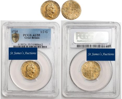 George I, half guinea, 1725, authenticated and graded by PCGS as About Uncirculated 55, second laur. head r., rev. crowned cr