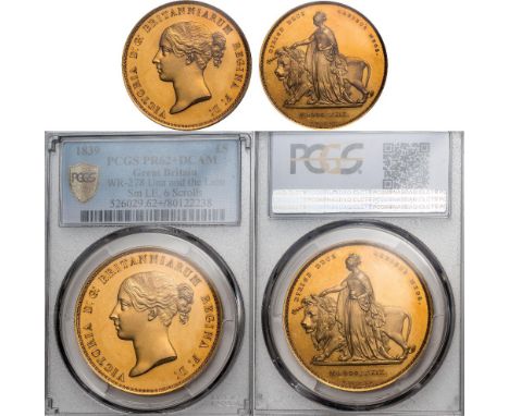 G - Victoria, proof five pounds, 1839, ‘Una & the Lion’, lettered edge, young head l., 6 scrolls, rev. crowned figure of the 