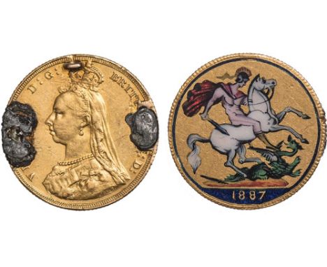 Victoria, sovereign, 1887, a companion coin to the previous, the St. George reverse enamelled in six colours, suspension ring