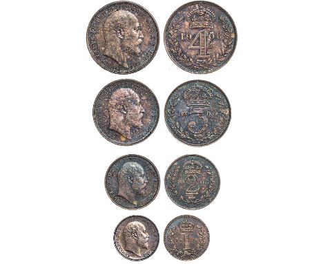 Edward VII, Maundy fourpence; threepence; twopence, 1906; penny, 1905, bare head r., rev. crowned mark of value within wreath