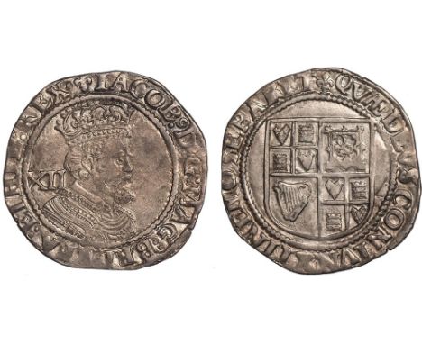 † - James I, third coinage, shilling, mm. lis (1623-1624), crowned sixth bust r., mark of value behind, rev. shield of arms (