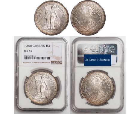British Trade Dollar, 1907B, Britannia stg. l., holding shield and trident, rev. value within ornate design (KM.T5), authenti