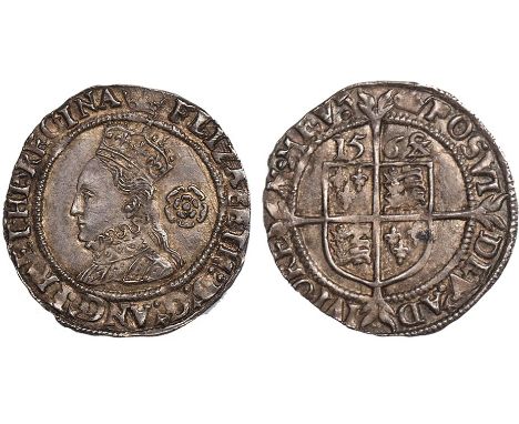 † - Elizabeth I, third and fourth issues, threepence, mm. coronet, 1569, 9 over 7, crowned bust l., rose behind, rev. shield 