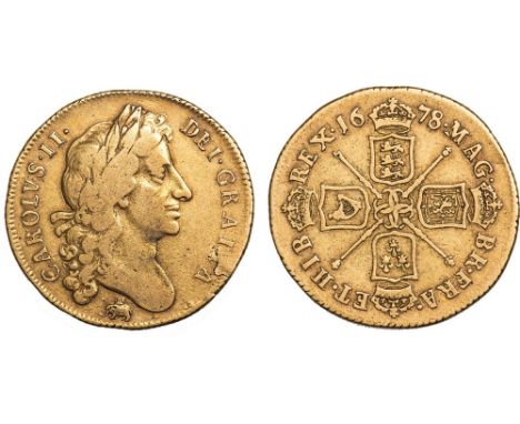 Charles II, two guineas, 1678, second laur. bust r., elephant and castle below, rev. crowned cruciform shields, sceptres in a