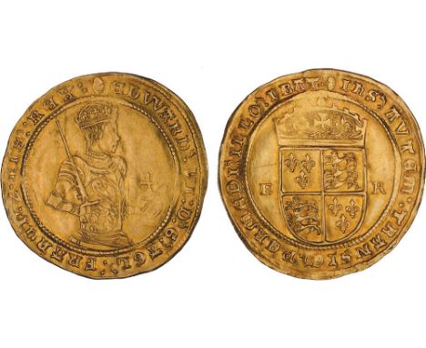 † - Edward VI, third period, half sovereign, mm. tun (1551-1553), half-length, crowned portrait of king r., holding orb and s