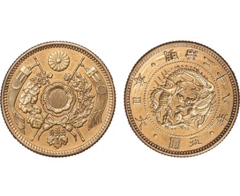 G - Japan, 5 yen, Meiji year 28 (1895), dragon within beaded circle, rev. sunburst crest superimposed on sacred mirror, flank