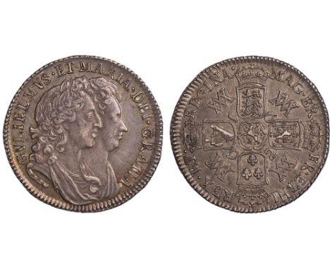 † - William and Mary, shilling, 1692, conjoined laur. busts r., rev. crowned cruciform shields, interlinked WMs in angles (S.
