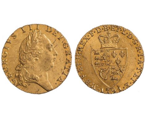 George III, guinea, 1791, fifth  laur. head r., rev. crowned shield of arms (S.3729), good very fine, reverse better